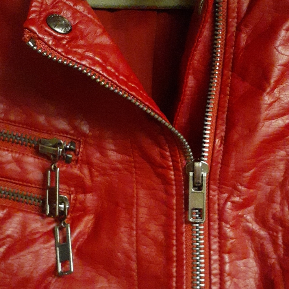Guess Red Leather Moto Jacket with Silver Hardware